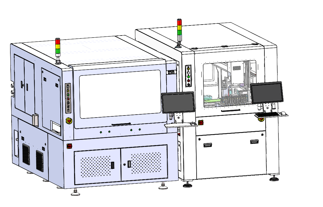 DirectLaser H3 — Inline Dual-Platform PCB Laser Depaneler 2 DirectLaser H3 PCB Depaneling Machine and tray placing machine